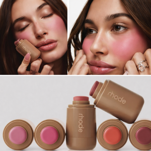 Rhode Cinnamon Roll Lip Balm & Jelly Bean Lip Gloss with Pocket Blush Stick (Waterproof Blusher)